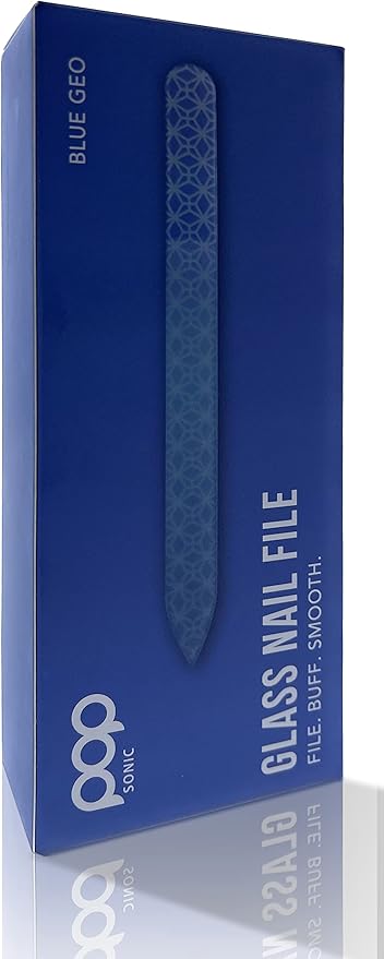 Pop Sonic Double-Sided Glass Nail File | Fingernail Files for Shaping & Smoothing Nails | High-Quality Tempered Glass | Strong, Wear-Resistant Filer w/Protective Carrying Case (Blue Geo)