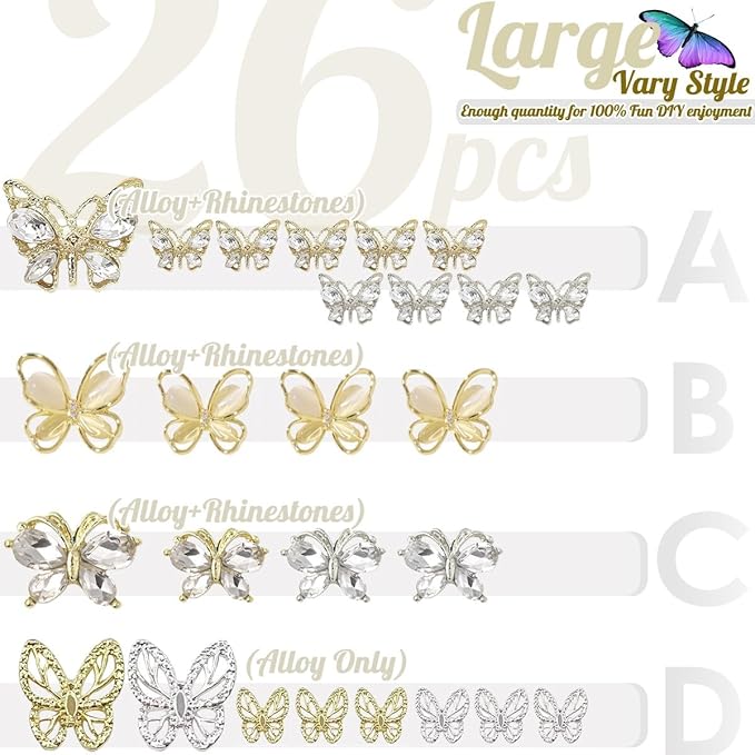 Big Butterfly Nail Charms, 26pcs 3D Golden Silver Butterfly Charms for Acrylic Nails Butterflies Nail Rhinestones Gems Charms Alloy Studs Nail Art Crystals Diamonds Decor Supplies for Nails DIY