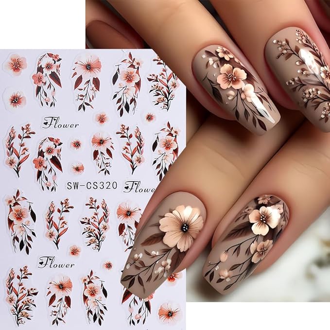 6Pcs Fall Nail Stickers Brown Orange Black Flower Leaves Nail Decals DIY Self Adhesive Autumn Leaves Design Thanksgiving Nail Decoration Supplies Winter Holiday Manicure Accessories for Women Girls