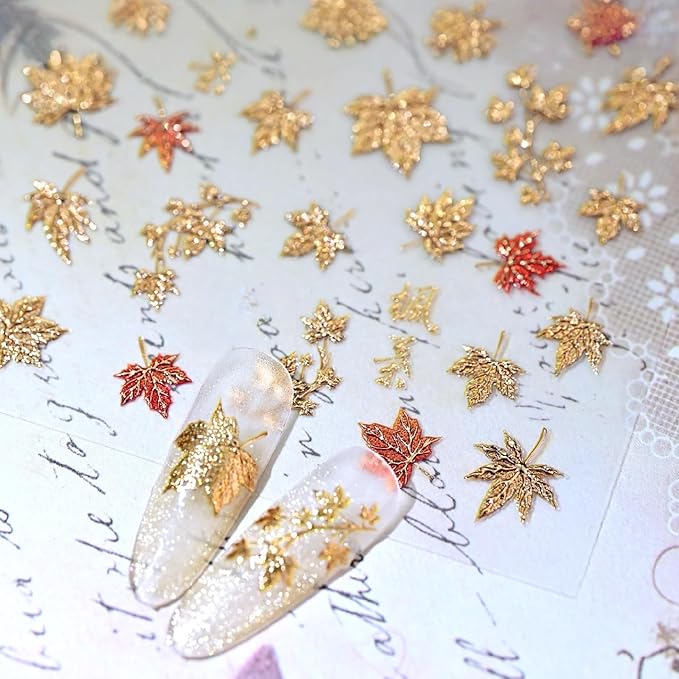 2 Sheets 5D Embossed Maple Leaf Nail Stickers for Nail Art Fall Nail Art Stickers Red Gold Embossed Maple Leaves Shiny Fall Nails Art Sticker Thanksgiving Day Gold Maple Leaf Nail Supplies for Women