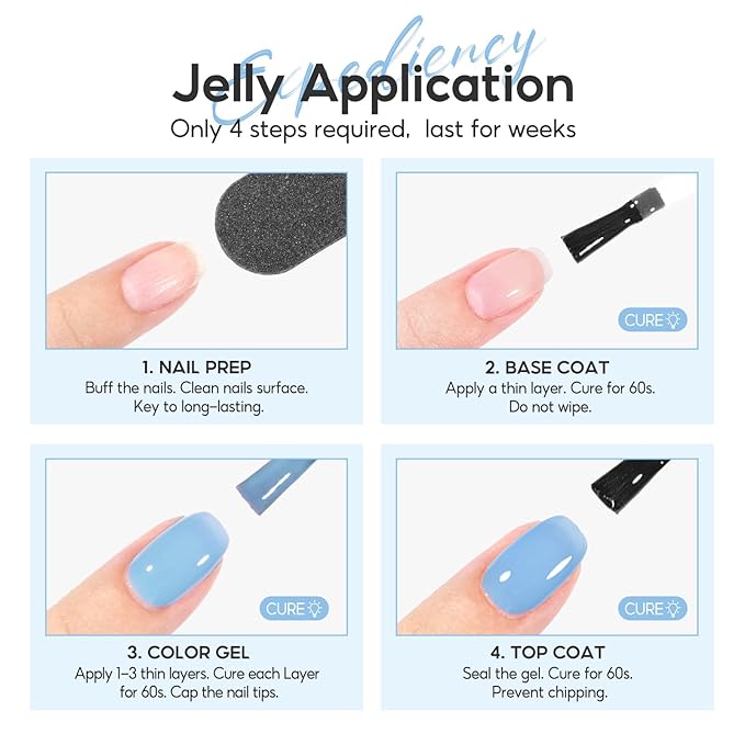 PEACECOLOR Blue Jelly Gel Polish Set, 10ML Transparent Clear Light Blue Collection 6 Colors Jelly Gel Nail Polish Kit for Beginners All Season Home Salon DIY Nail Art Design Gifts for Women