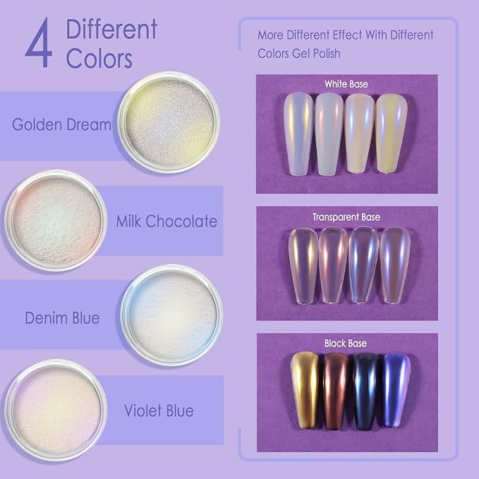 Allstarry Chrome Nail Powder 4 Colors Iridescent Aurora Powder Metallic Mirror Effect Pigment Pearlescent Purple Mermaid Unicorn Glitter for Nail Art Manicure Decoration Home DIY Salon