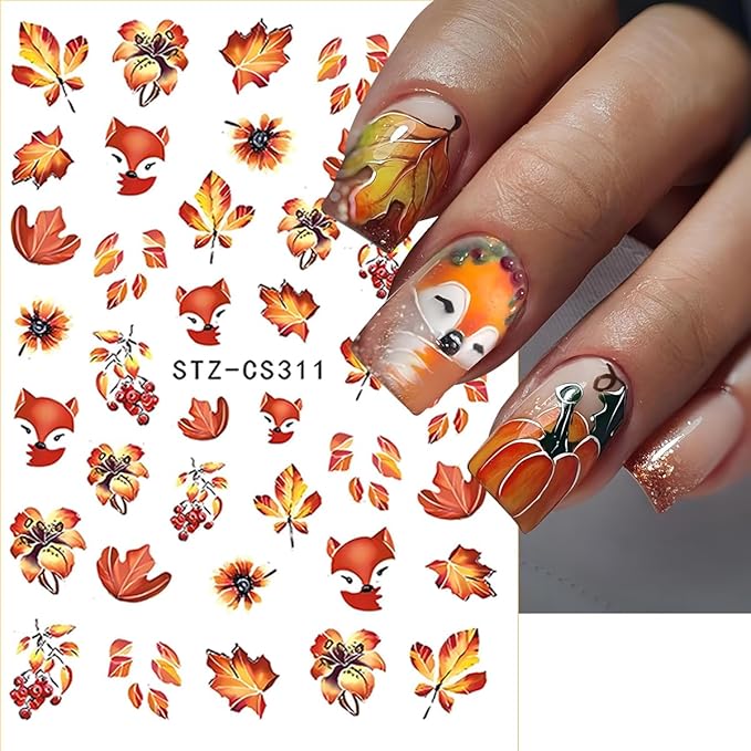 Fall Nail Art Stickers, Cute Fox Nail Art Decals 3D Self-Adhesive Maple Leaves Pumpkin Bow Nails Stickers Fall Blossom Flowers Nail Design 8Pcs Nail Art Supplies for Women Nail Decoration