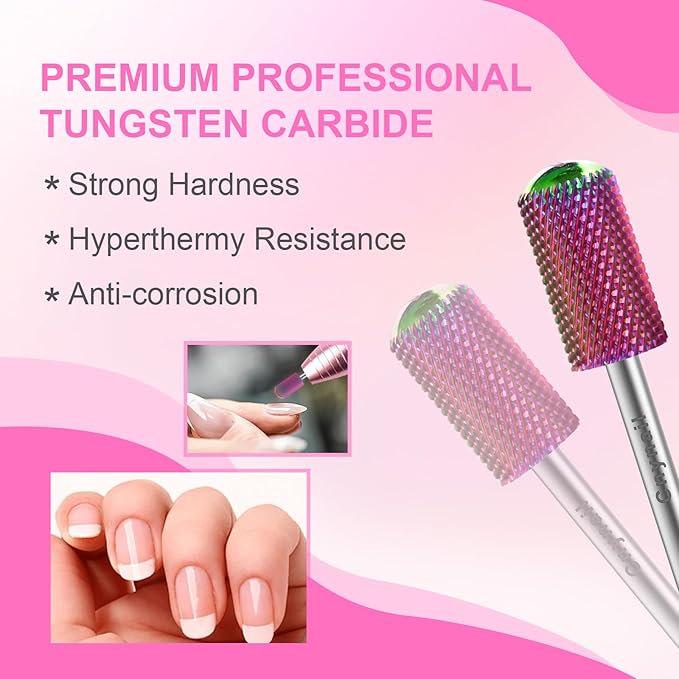 3/32" 2PCS Large Barrel Smooth Round Top Tungsten Carbide Nail Drill Bit Safety Bit for Gel & Acrylic Removal, 2-Way Rotating Efile Tip, Salon Electric File Accessory (M Grit, Multicolor)