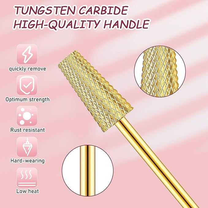 Hestya 7 Pieces Nail Drill Bits Set Tungsten Carbide Drill Bits for Nails Electric File 3/32 Inch Diamond Manicure Pedicure Cuticle Remover Tools for Acrylic Gel fingernail Salon(Gold)