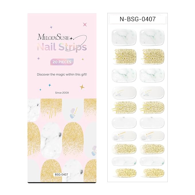 MelodySusie Semi Cured Gel Nail Strips (White Marble), 20 PCS Classic Gel Nail Stickers, Gold Glitter Gel Nail Wraps, UV Light Required, Durable and Salon Quality