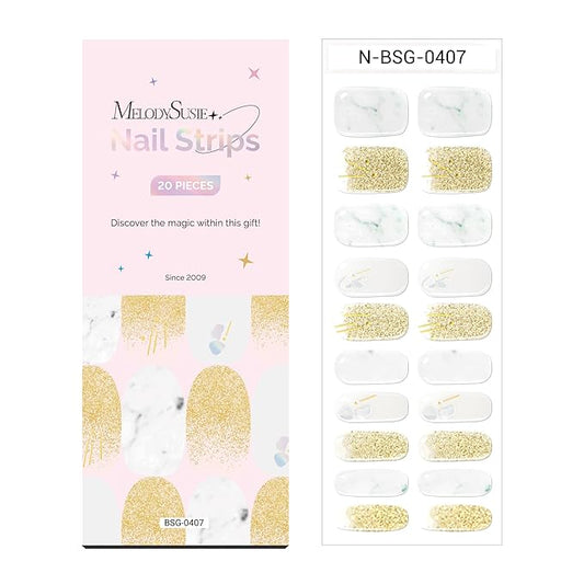 MelodySusie Semi Cured Gel Nail Strips (White Marble), 20 PCS Classic Gel Nail Stickers, Gold Glitter Gel Nail Wraps, UV Light Required, Durable and Salon Quality