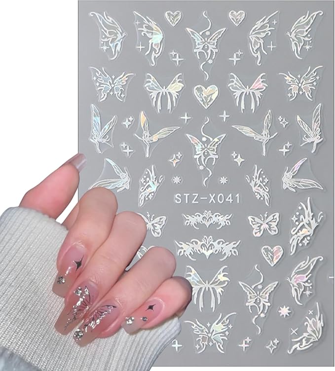 6 Sheets Glitter Black Pink Butterfly Nail Art Stickers, 3D Holographic Laser Embossed Pendant Butterfly Design Nail Decals Star Heart Shape Nail Stickers for Women DIY Nail Decoration