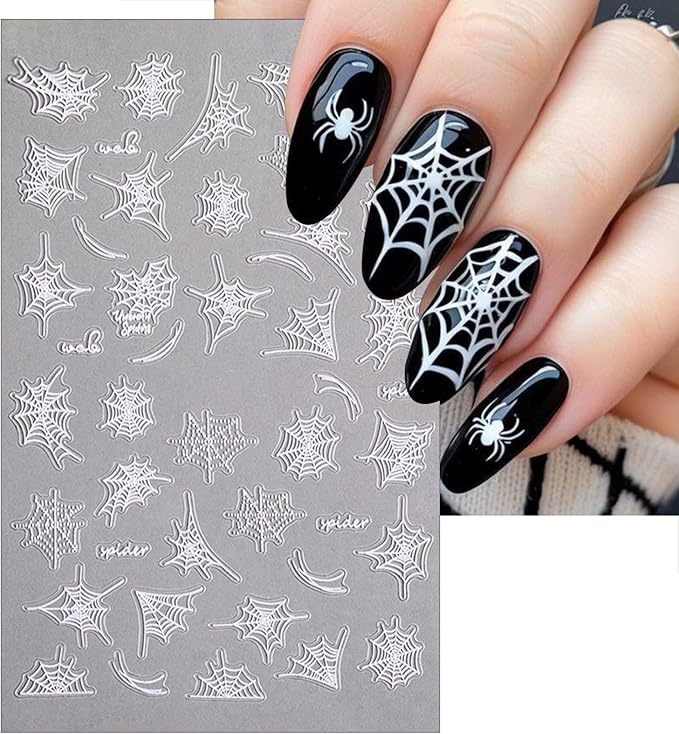 4 Sheets Halloween Nail Stickers for Nail Art 5D Embossed Self-Adhesive Spider Web Nail Art Stickers White Black Spider Nail Decal for Women Girls Scary Halloween Manicure Decoration