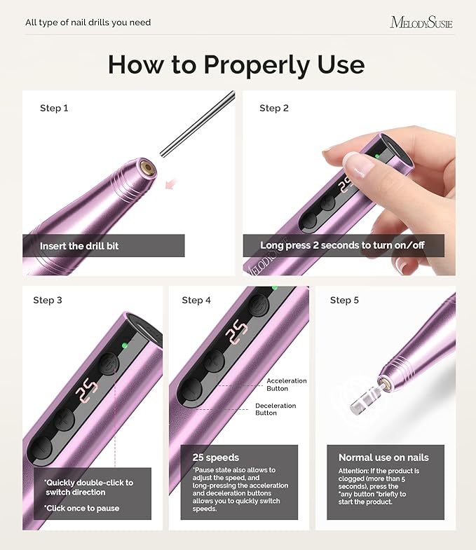 MelodySusie Pen-Shaped Portable CordlessNail Drill, PC180F 25000RPM RechargeableElectric File with LED Display for All NailCare, Manicure Shaping & Acrylic GelRemoval for Nail Artists DIY at Home