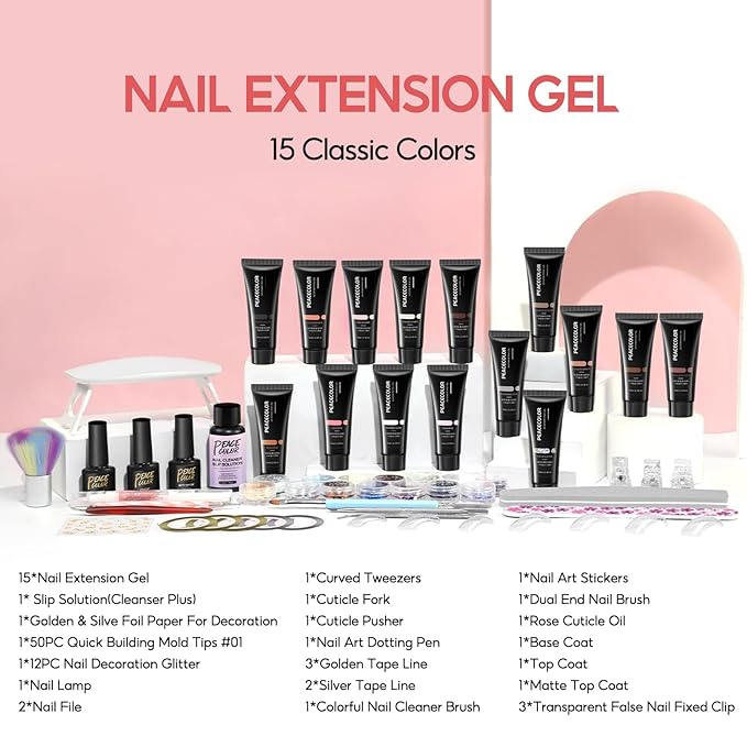 42Pc Poly Nail Gel Kit, 15 Colors Nude Pink White Clear Poly Nail Extension Gel with Nail Lamp Starter Kit Slip Solution 12Pc Nail Decorations Top Coat Manicure Kit Gifts for Women