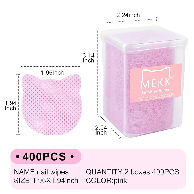 MEKK 400PCS Lint Free Nail Wipes,Cat Shape Non Woven Fabric Nail Cleaning Pads,Absorbent Dry Wipes for Nail Polish Remover & Lash Extensions Glue-Pink