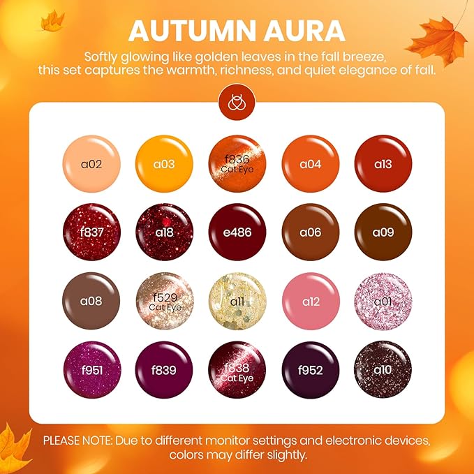 Beetles Fall Gel Nail Polish Set – Autumn Aura 20 Colors Gel Polish Kit, Burgundy Red Brown Yellow Orange Purple Cat Eye & Glitter Soak Off UV LED Manicure with Base Glossy Matte Top Coat