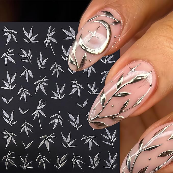 5 Sheets Fall Leaves Nail Art Stickers 3D Self-Adhesive Gold Silver Blue Green Leaf Autumn Leaves Nail Stickers Fall Orange Leaf Design Thanksgiving Day Nails Supplies for Women Manicure Decoration
