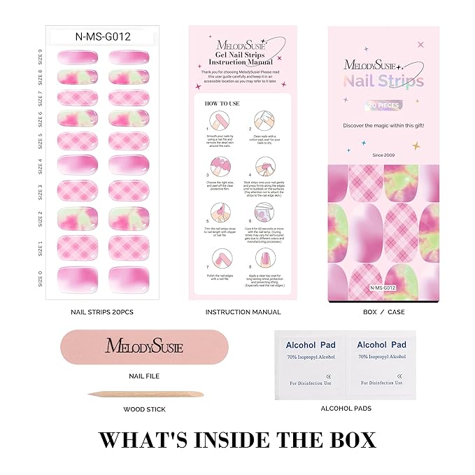 MelodySusie Semi Cured Gel Nail Strips, 20 PCS Gel Nail Stickers, Gel Nail Wraps, UV Light Required, Durable and Salon Quality (Pink Aurora)