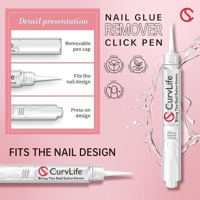 Curvlife New 3 IN 1 Nail Glue Remover Pen, Nail Glue Remover For Press On Nails, Click&Remove Pen Design, Not for Gel Polish Base Coat, For Fake Nails Debonder Adhessive Remover Acetone-free, 2pcs,5ml