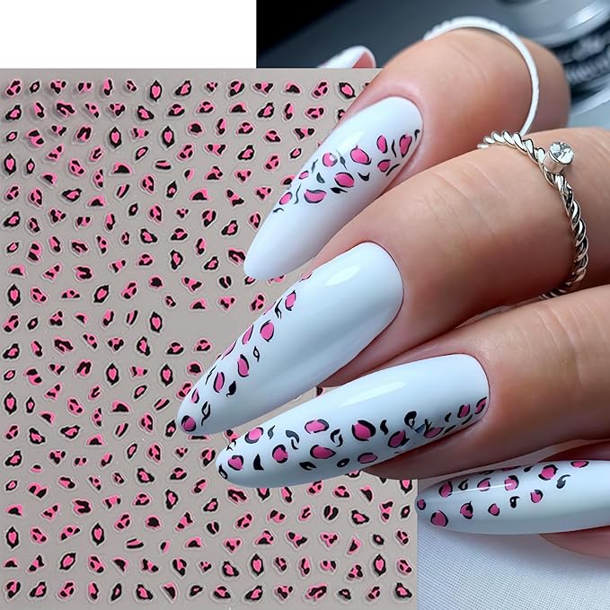 Leopard Print Nail Art Stickers Leopard Nail Stickers Self-Adhesive Cute Pink Brown White Design Fall Nails Decals Cheetah Print Pattern Cute Autumn Nails Supplies Fall Nail Decorations for Women DIY