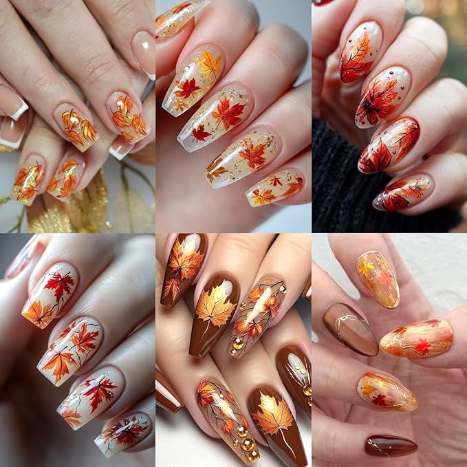 12 Sheets Fall Nail Art Stickers Decal Laser Glitter 3D Self-Adhesive Nail Stickers Design Autumn Maple Leaf Red Fox Pumpkin Nail Decals for Women DIY Thanksgiving Holiday Nail Decorations Supply