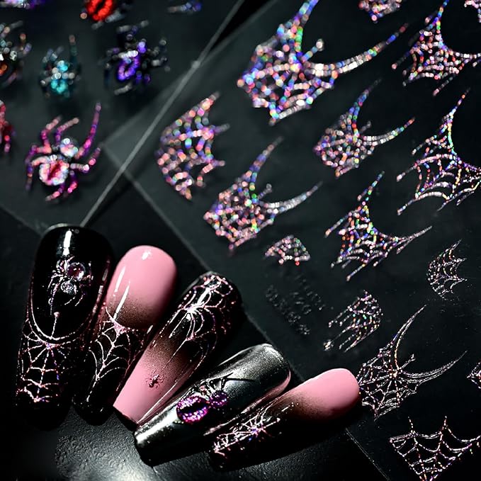 1 Sheets Halloween Nail Stickers for Nail Art 5D Self-Adhesive Embossed Pink Spider Web Nail Art Stickers Halloween Spider Web Nail Decals Glitter Nail Design Sticker for Women DIY Nails Decoration