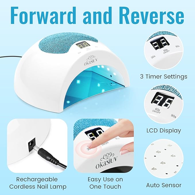 Diamond Gel Nail Lamp - Rechargeable UV LED, Touch Control, 3 Speed Settings, Fast Drying for All Gel Polishes, Compact Design (Sky Blue)