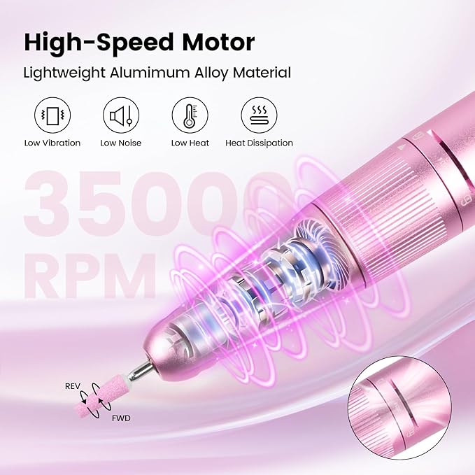 Lavinda Electric Nail Drill Machine, 35000RPM Professional Nail File Cordless Rechargeable Nail Efile for Acrylic Gel Nails (Pink 910)