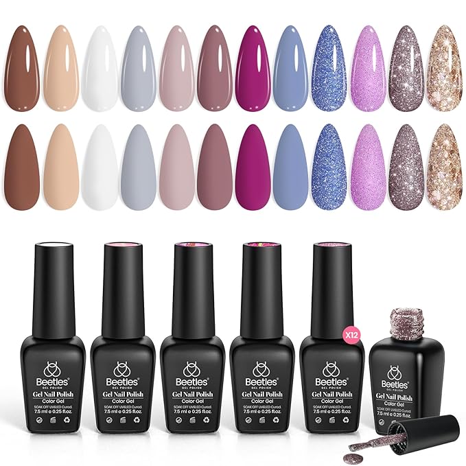 beetles Fall Gel Polish Set, 12 Colors Brown Purple Blue Gel Polish Glitter Neutral Autumn Nails Design Soak off Uv Led Lamp Needed Soft Pulse Nail Art Design Gifts for Women