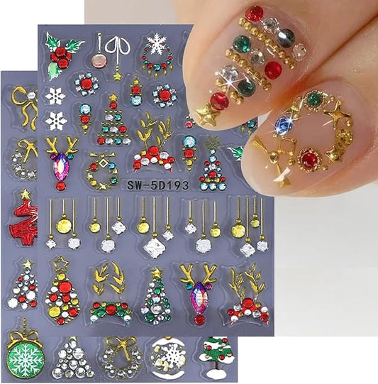 Christmas Nail Art Stickers 5D Embossed Nail Decals with Xmas Tree Light Antler Bow Rhinestones Design Glitter Nail Stickers Acrylic Nail Supplies for Women DIY Christmas Decorations 2 Sheets