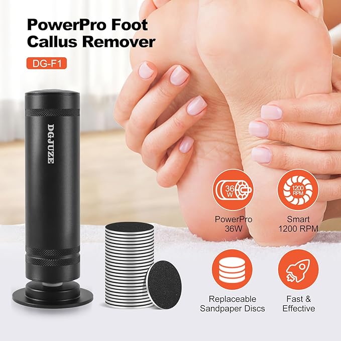 PowerPro Electric Foot Callus Remover,36W Professional 1200rpm Heavy Duty Metal Grinder for Dead Skin Automatic Foot Sander with 60pcs Sandpaper Pads for Home Use Pedicure (Black)