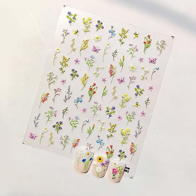 Flower Nail Stickers 5D Embossed Flowers Nail Art Stickers Spring Summer Floral Leaf Plant Nail Decals Self-Adhesive Nails Supply Manicure Sliders for Women Girls Nails Art Decoration