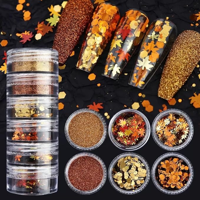 Fall Nail Art Glitters Sequins, 12 Boxes Maple Leaf Nail Art Decoration Flakes 3D Leaf Nail Decals Gold Orange Nails Art Designs Holographic Thanksgiving Day Glitters for Nails Decorations