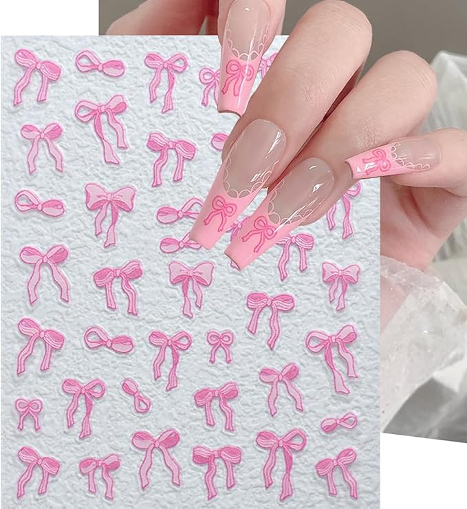 5D Embossed Bow Nails Stickers for Nail Art Self-Adhesive Bow Nail Art Stickers White Silver Pink Bow Ribbon Design Cute Nails Decals for Women Girls Acrylic Manicure Decorations DIY Supplies 3Sheets