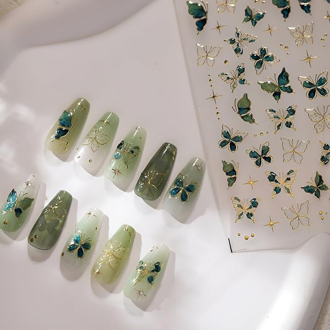 Green Butterfly Nail Stickers for Nail Art 5D Embossed Nail Decals Gold Butterfly Nail Art Stickers Cute Nail Supplies for DIY Manicure Self Adhesive Nails Design for Women