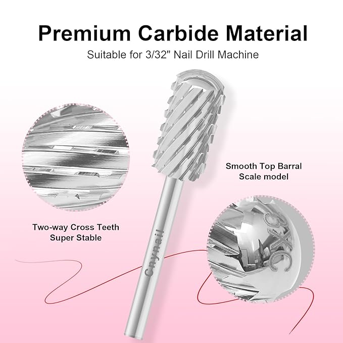 3/32" Large Barrel Smooth Round Top Tungsten Carbide Nail Drill Bit Safety Bit for Gel & Acrylic Removal, 2-Way Rotating Efile Tip, Salon Electric File Accessory (3XC Grit, Silver)