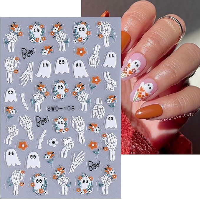 2 Sheets Halloween Nail Art Stickers Decals 5D Embossed Skeleton Rose Nail Decals Black Birds White Ghost Flower Skull Rose Design Halloween Nail Stickers Manicure Accessories for Women Nail Art Decor