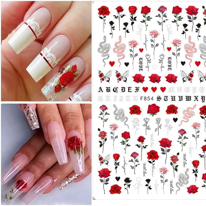 6 Sheets Flower Nail Art Stickers 3D Blue Pink Red Rose Nail Decals Spring Summer Nail Art Supplies Leopard Snake Leaf Butterfly Floral Nail Designs Supply Nail Stickers for Acrylic Nails Decor