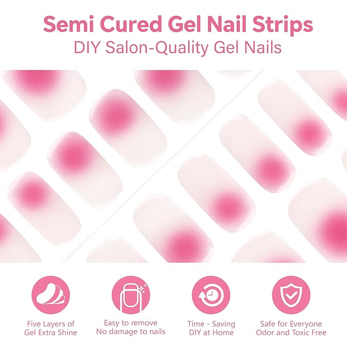 Semi Cured Gel Nail Strips-Blush Pink Ombre Nail Stickers for Romantic & Bridal Audiences Salon Quality Easy Apply and Peel Off Works with Any UV/LED Lamps(Pink Halo)