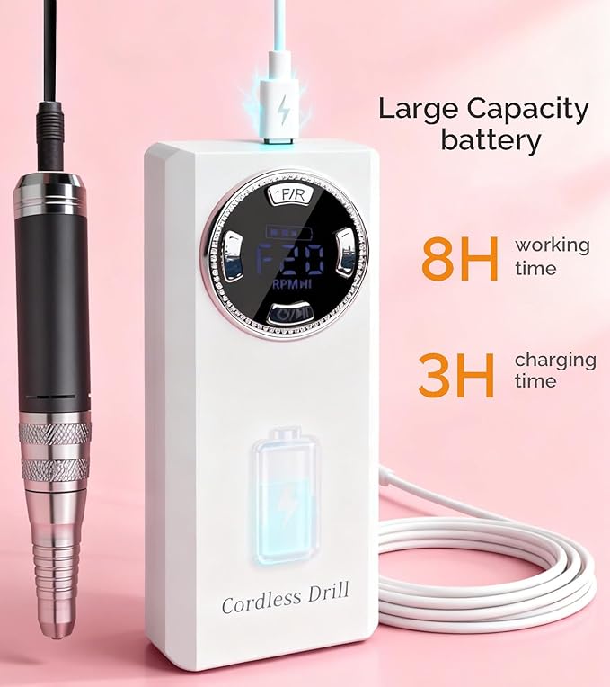 Lumcrissy 40000RPM Professional Electric Nail File Kit - Rechargeable Cordless Nail Drill for Acrylics Gel Nails, Portable Efile Machine with 6 Bits for Home Salon Manicure Pedicure Care (White)