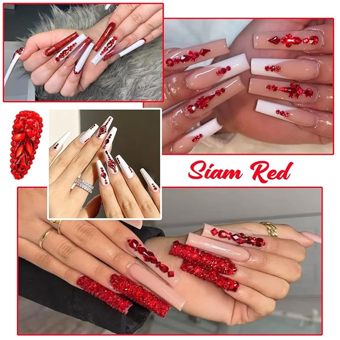 2052Pcs Red Nail Rhinestones 72 Multi Shapes Siam Red Rhinestones for Nails Flatback Nail Gems K9 Glass Round Ruby Red Beads Stones Diamonds Nail Charms Art for Nails Faces Eyes Makeup Crafts