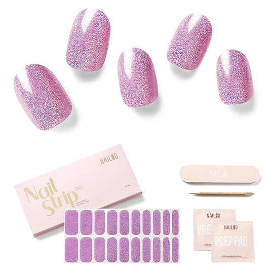 NAILOG Semi Cured Gel Nail Strips - 20 Pcs Stickers | Buy 2 Get 1 UV Lamp | Extra Long Wraps With Glossy Gel Finishing | Coco
