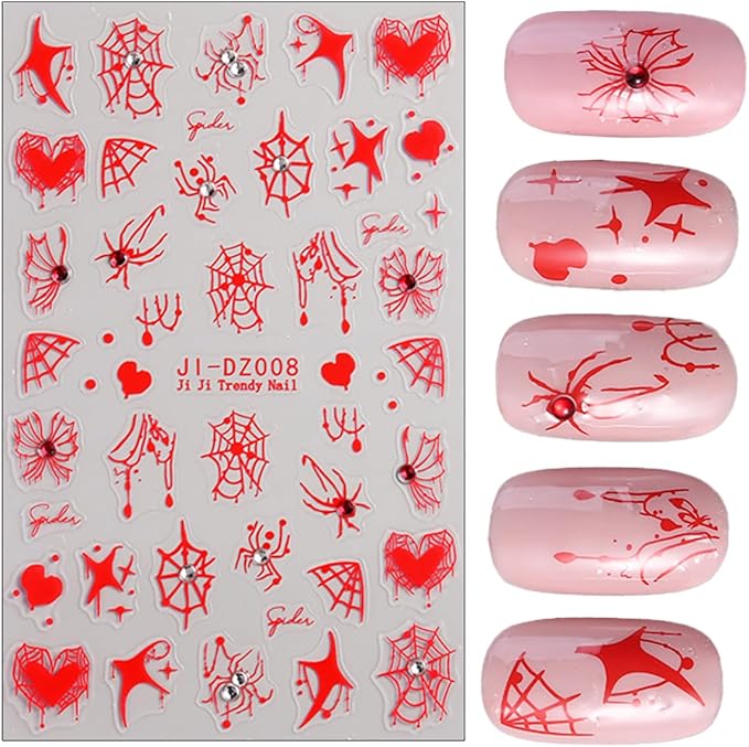 Halloween Nail Stickers 3D Self-Adhesive Spider Web Spider Rhinestone Nail Art Stickers Design Spider Nail Decals Holiday Acrylic Nails DIY Decoration Kit Fall Manicure Supplies for Women 6 Sheets