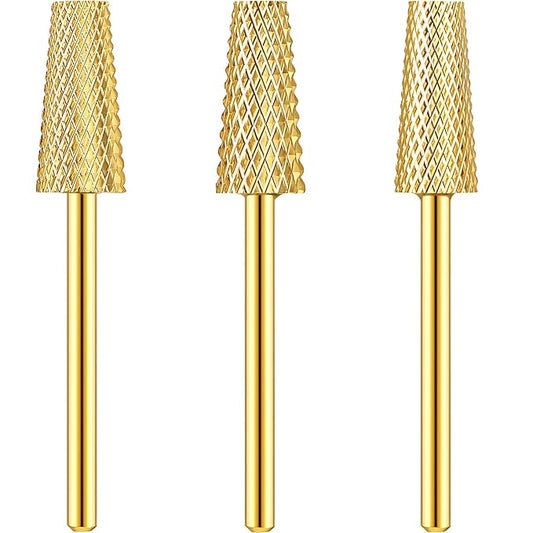 3 Pieces Tapered Barrel Carbide Nail Drill Bit, 3 Sizes Carbide Nail Drill Bit Acrylic File Cuticle, Art Tools for Gel Manicure Pedicure(XF, F, M,Gold)