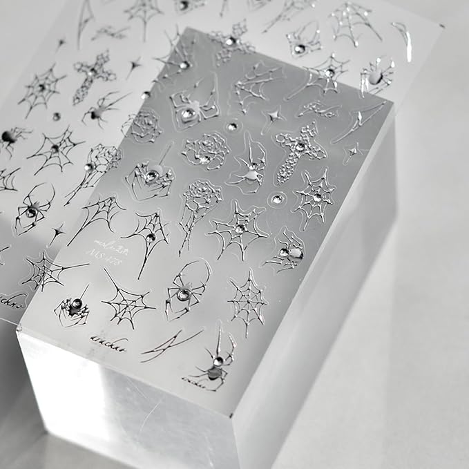 Halloween Spider Nail Stickers Silver Crystal Diamond Nail Art Decals 5D Nail Stickers Cross Rose Spider Web Spiders Nail Art Supplies Cute Halloween Nails Accessories for Acrylic Nails Decorations