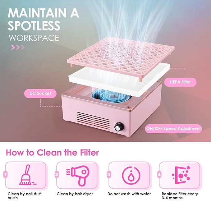 Nail Dust Collector Dust Collector Machine Reusable Filter & Powerful 120W (Pink, Adjustable Speed Version)