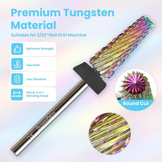 XC 5 in 1 Nail Drill Bits, 16mm Tapered 3/32'' Professional Tungsten Carbide Bits for Efile, 2 Rotation for Electric Drill, Remove Thick Gel Acrylic Fast, Technicians Bits, Extra Coarse.