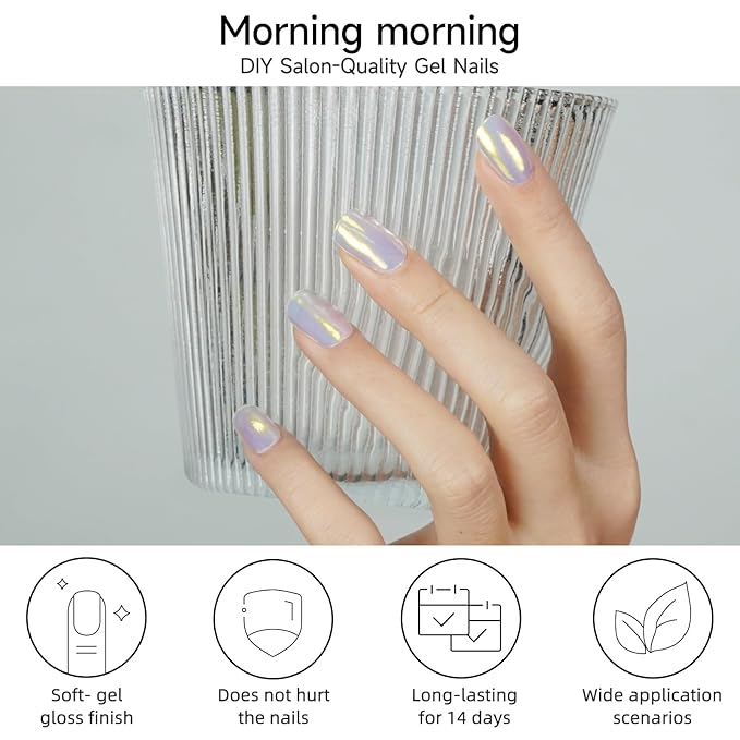 Semi Cured Gel Nail Strips, Morning | 28 pcs Gel Nail Strips Work with Any UV Lamp, Salon Quality UV Nails Stickers, Easy to Apply for Home Nails DIY