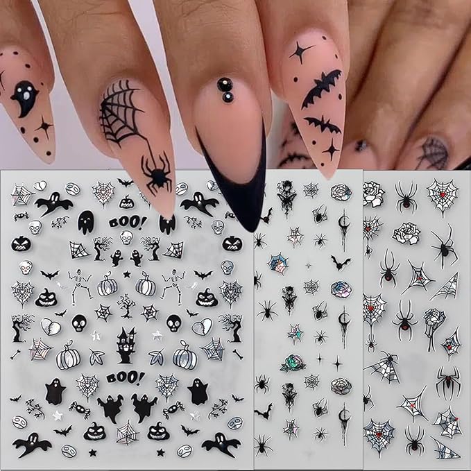 6Pcs Halloween Nail Stickers 3D Spider Web Skull Goth Nails Decals Black Skeleton Hand Bone Bat Spiders Nails Design Ghost Stickers Horror Halloween Nail Art Supplies for Women DIY Manicure Decoration
