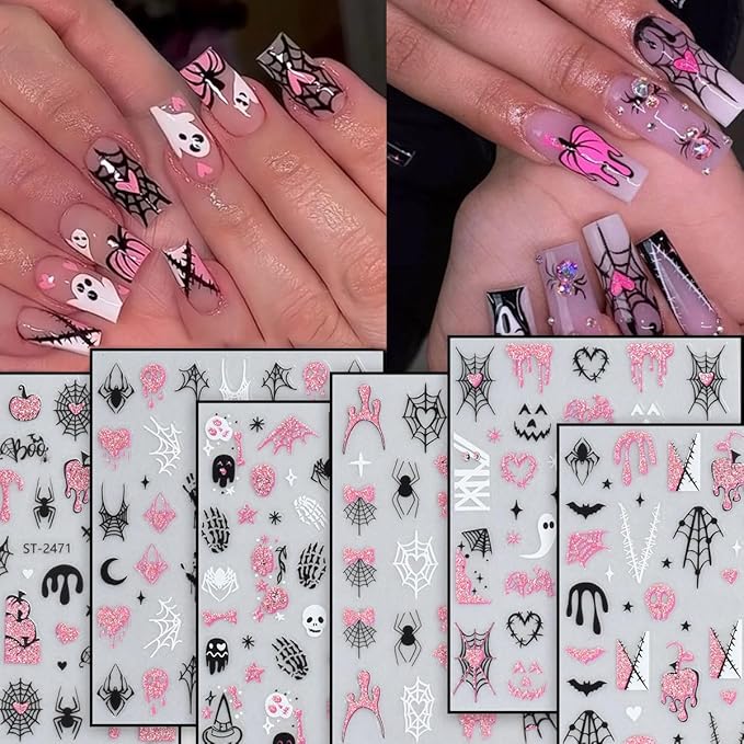 6 Sheets Halloween French Nail Stickers for Nail Art Cute Ghost Spider Web Bat Nail Decals Pink Glitter Pumpkin Blood Nail Design Stickers 3D Self-Adhesive Holiday Nails Art Supply for Women Manicure