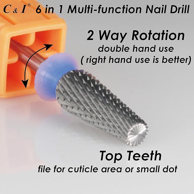 C & I Nail Drill Bit 6 in 1 Multi-function Rounded End E File, Tungsten Steel CNC Overall Cutting, Manicure Tool for Nail Tech Quick Remove Nail Gels, Acrylic Nails (Original, Middle -M)
