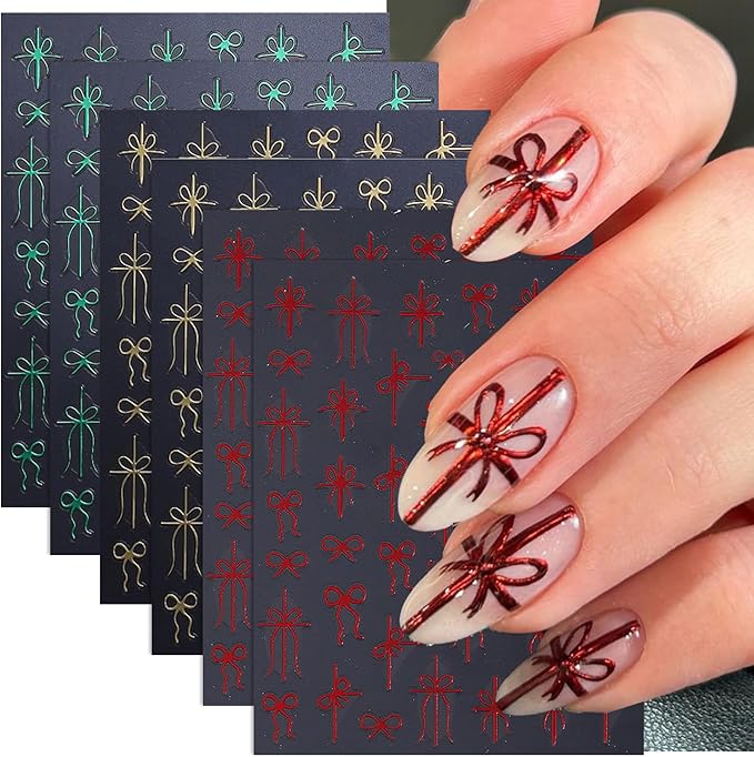 Christmas Nail Art Stickers Bow Nail Decals 3D Self Adhesive Nail Stickers for Nail Art Mixed Shaped Green Red Gold Design Cute Nail Sticker for Women DIY Holiday Manicure Supplies 6 Sheets