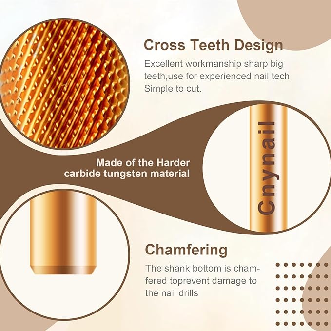 3/32" Large Barrel Crystal Top Tungsten Carbide Nail Drill Bit Safety Bit for Gel & Acrylic Removal, 2-Way Rotating Efile Tip, Salon Electric File Accessory (F Grit, Ti-Gold)
